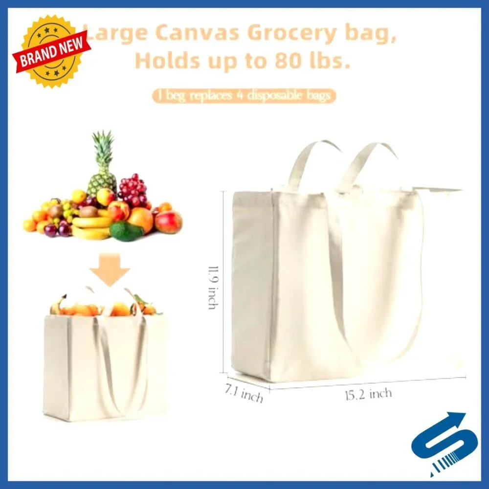 Heavy Duty Canvas Tote Bags Foldable Reusable Grocery Shopping Eco Friendly